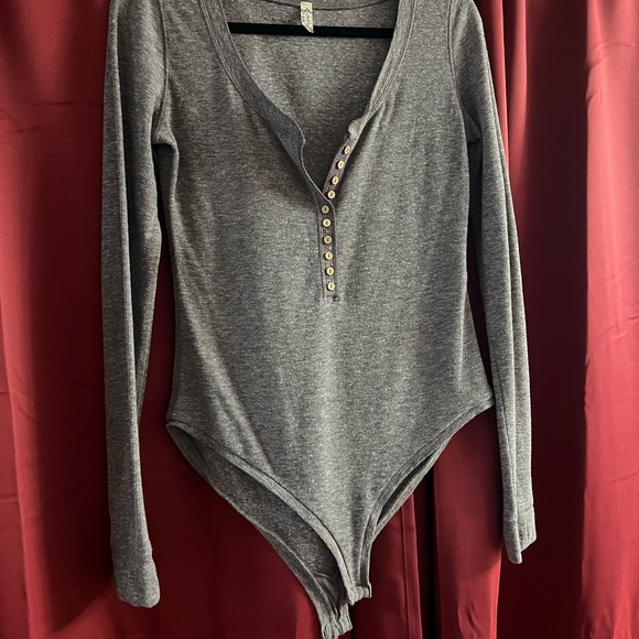 Gray/ Purple Free People Long Sleeve Bodysuit with Button Detail - Picture 3 of 5